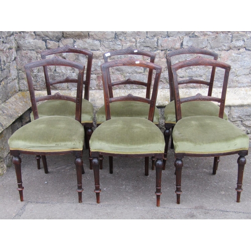 2184 - A set of six late Victorian bar back dining chairs with scratch carved detail, green dralon upholste... 