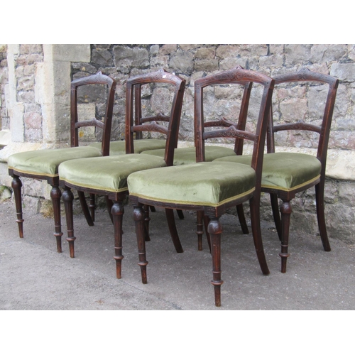 2184 - A set of six late Victorian bar back dining chairs with scratch carved detail, green dralon upholste... 