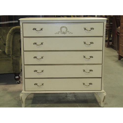 2178 - A whitewood bedroom chest of five long drawers with applied mouldings and raised on shaped supports,... 