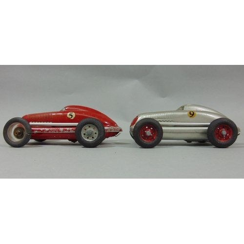 75 - 2 unboxed 1940's/50's toy cars 'The Mighty Midget Electric Racer' in red and silver (2)