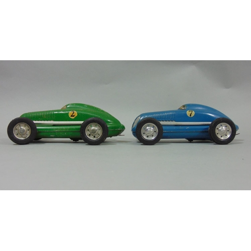 76 - 2 unboxed 1940's/50's toy cars 'The Mighty Midget Electric Racer' in blue and green (2)