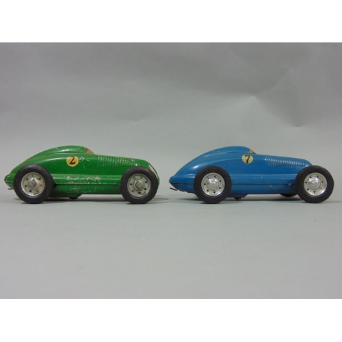 76 - 2 unboxed 1940's/50's toy cars 'The Mighty Midget Electric Racer' in blue and green (2)