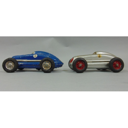 77 - 2 unboxed 1940's/50's toy cars 'The Mighty Midget Electric Racer' in blue and silver, playworn  (2)