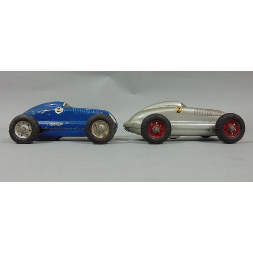 77 - 2 unboxed 1940's/50's toy cars 'The Mighty Midget Electric Racer' in blue and silver, playworn  (2)