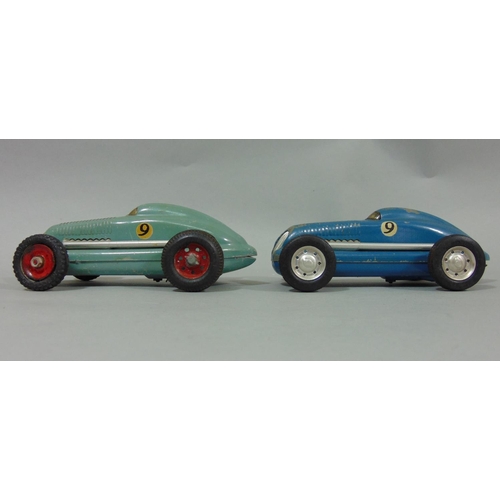 78 - 2 unboxed 1940's/50's toy cars 'The Mighty Midget Electric Racer' in blue and green (2)