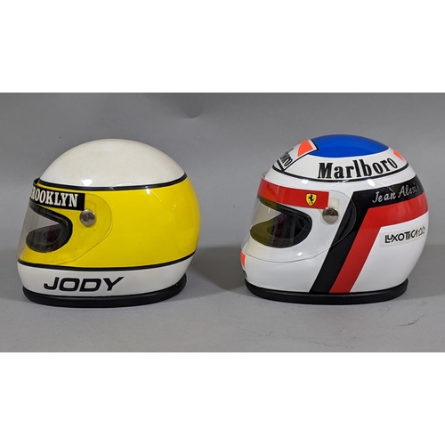 86 - 2 boxed Formula 1 replica model helmets for Jean Alesi and Jody Scheckter, by RB Formula, 1:3 scale,... 