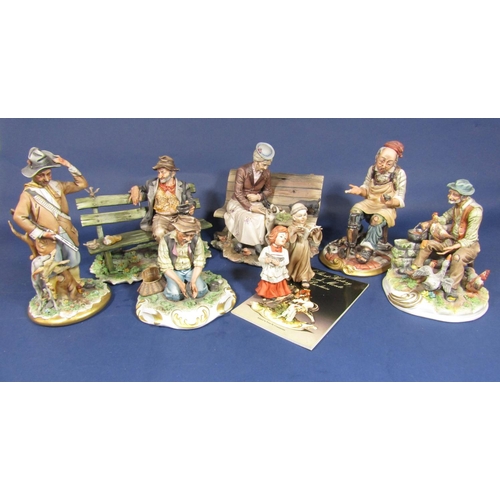 1101 - A collection of Capodimonte figure groups including figures on benches, man feeding chickens, cobble... 