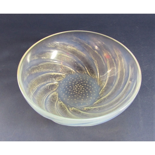 1176 - Rene Lalique 'Poissons' bowl decorated in relief with geometric fish, bubble beaded mark to base, ra... 