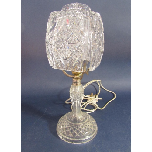 1189 - Probably Waterford crystal lamp, the square shade with canted corners and star cut detail upon a bal... 