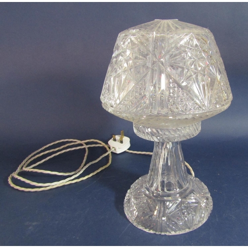 1190 - Probably Waterford crystal lamp, the tapered shade with star cut top over a faceted tapered column a... 