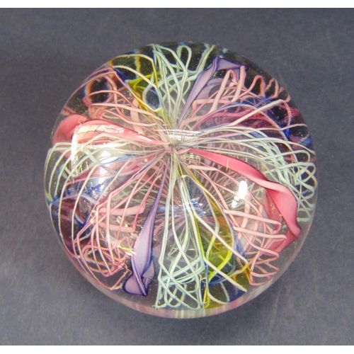 1204 - Good quality Murano glass paperweight fitted with various latticino canes