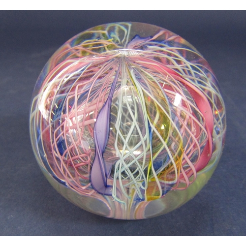 1204 - Good quality Murano glass paperweight fitted with various latticino canes