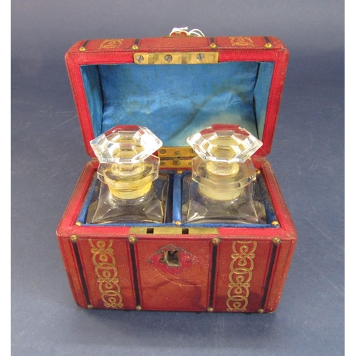 1206 - Good novelty glass scent/small decanter box in the form of a domed trunk with Morocco gilt tooled le... 