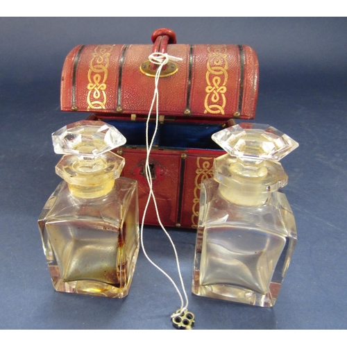 1206 - Good novelty glass scent/small decanter box in the form of a domed trunk with Morocco gilt tooled le... 