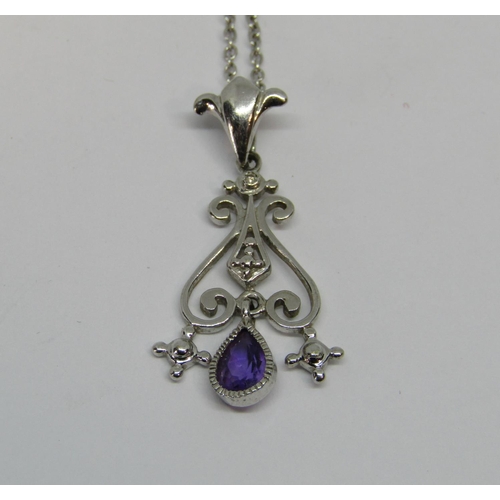 1345 - 9ct white gold pendant necklace set with a small diamond and an articulated pear cut amethyst drop, ... 