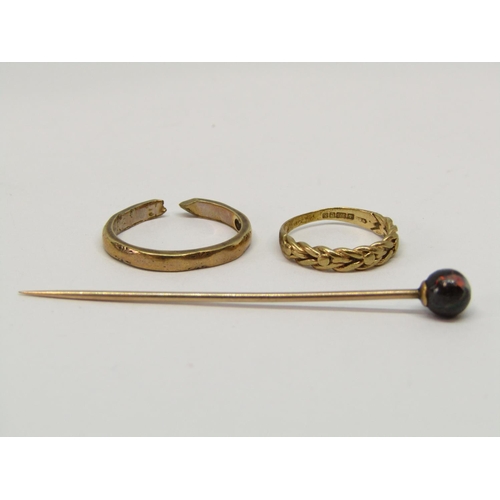 1347 - Yellow metal stick pin with spherical boulder opal terminal, together with a 9ct keeper ring and a f... 