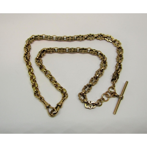 1355 - 9ct fancy link double Albert chain with T-bar and star-cut decoration, 31.8g