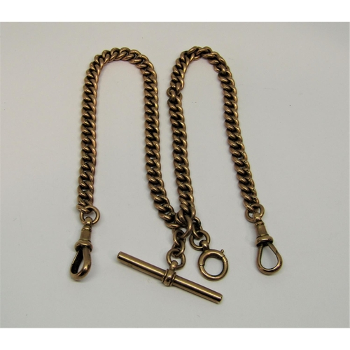 1363 - 9ct curb link double Albert chain with T-bar, 22.8g