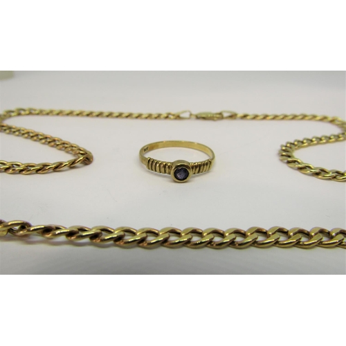 1385 - 9ct flat curb link necklace together with a 9ct blue stone ring, size M/N, 5.6g total (2)