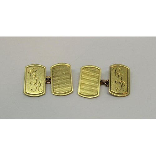 1388 - Pair of 9ct cufflinks with engine turned detail and engraved initials, 9.5g