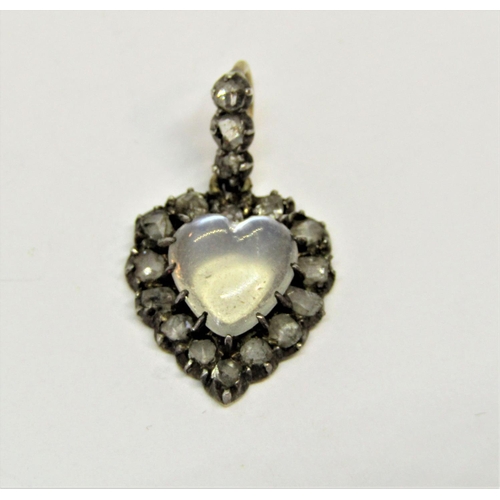 1389 - Antique moonstone and rose cut diamond heart pendant, in fitted Arthur Pitson case, together with a ... 