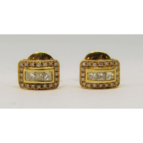 1391 - Pair of yellow metal diamond cluster stud earrings set with princess and round cut stones, 4.5g