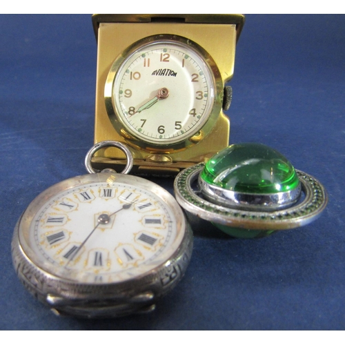 1438 - Antique .935 silver fob watch with engraved case and enamel dial with Roman numerals in gilt decorat... 