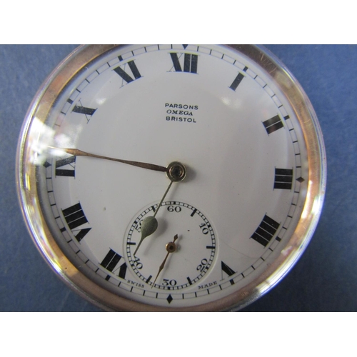 1443 - Good quality Omega 9ct pocket watch by Parsons of Bristol, the enamelled dial with Roman numerals an... 