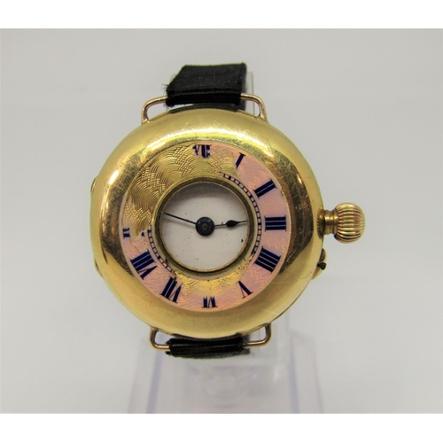 1446 - 18ct half hunter lugg watch by Stewart Dawson & Co Ltd, the front with enamelled Roman numerals (AF)... 