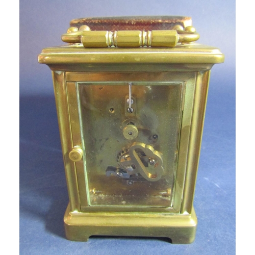 1476 - French brass cased carriage clock, open escapement, 11 cm high, Morocco leather case