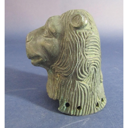 1506 - Patenated cast bronze staff mount in the form of a lion bust, 9 cm high