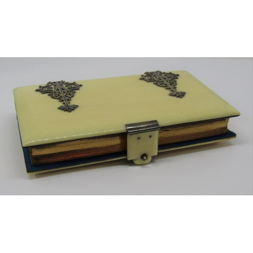 1507 - Good quality ivory/ivorine pocket bible with enamelled white metal mounts, within a leather case