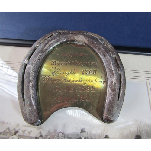 1524 - Antique horseshoe with brass plate inset with a dedication inscribed 'Lord Brown hunter, bought 1868... 