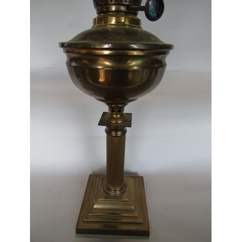 1605 - Early 20th century brass Corinthian column oil lamp, the glass shade hand painted with love birds or... 