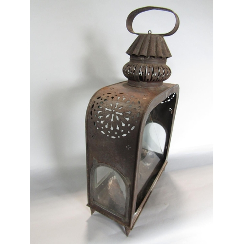 1608 - Moroccan type sheet metal hanging lantern, of arched form with pierced panels and glazed sides, 45cm... 