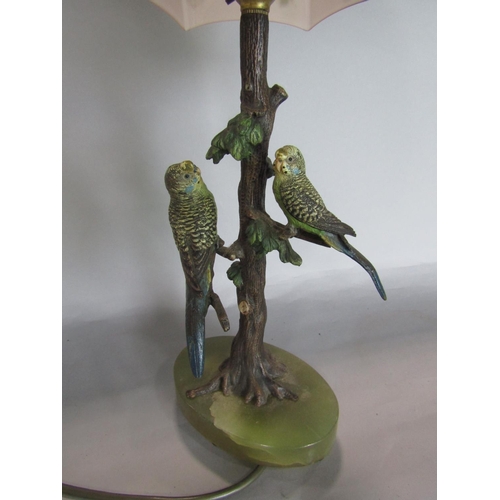 1612 - Good quality early 20th century figural cast metal table lamp, decorated with budgies on a branch, w... 