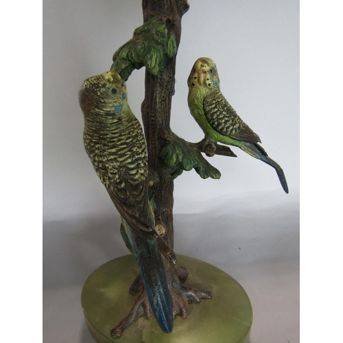 1612 - Good quality early 20th century figural cast metal table lamp, decorated with budgies on a branch, w... 