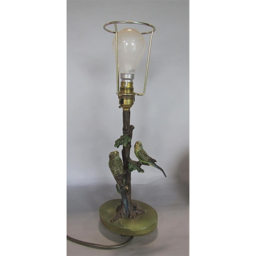 1612 - Good quality early 20th century figural cast metal table lamp, decorated with budgies on a branch, w... 