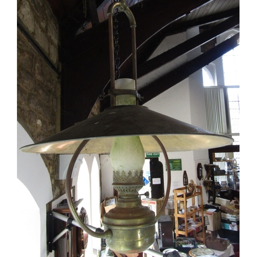 1618 - Early 20th century brass hanging lantern, with shade and brass bracket, 60cm high approx