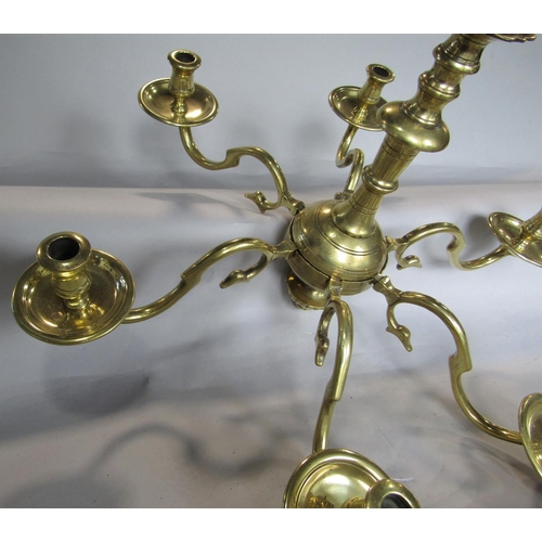 1619 - Dutch cast brass 6 branch hanging candelabra, with typical bulbous stem and scrolled branches, 53cm ... 