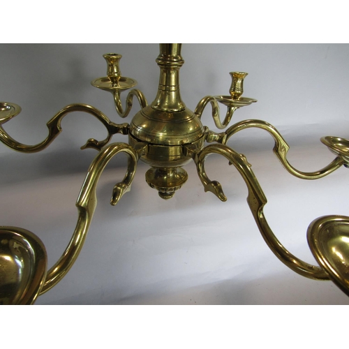 1619 - Dutch cast brass 6 branch hanging candelabra, with typical bulbous stem and scrolled branches, 53cm ... 