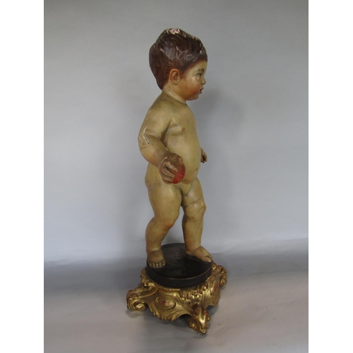 1622 - Good quality probably Italian carved softwood figure of a nude boy holding a ball upon a black plint... 