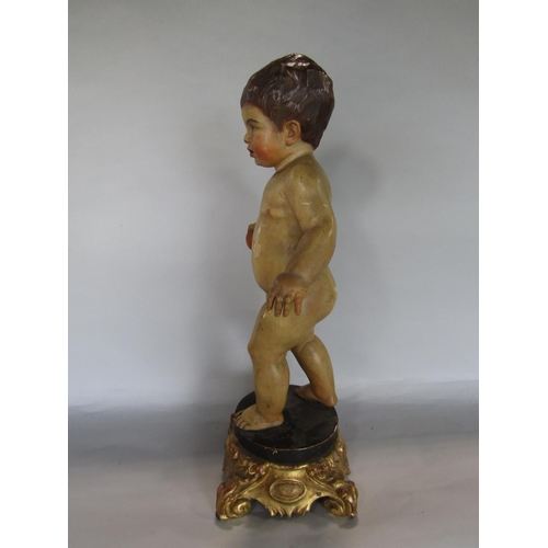 1622 - Good quality probably Italian carved softwood figure of a nude boy holding a ball upon a black plint... 