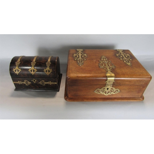 1625 - Victorian scumbled pine and brass strap work domed casket, 17cm long, together with a further mahoga... 