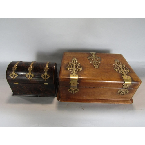 1625 - Victorian scumbled pine and brass strap work domed casket, 17cm long, together with a further mahoga... 