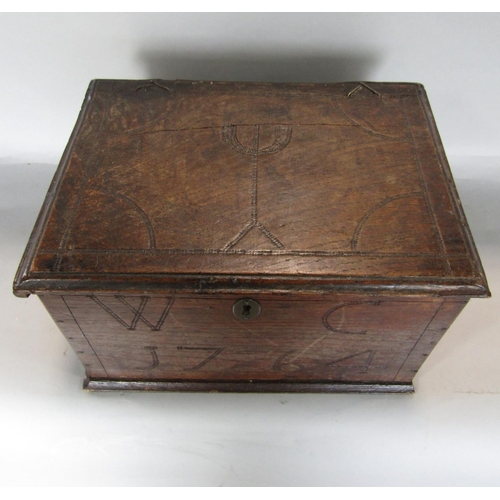 1628 - 18th century oak box with poker work detail, the top and front inscribed WC 1764, 29cm wide