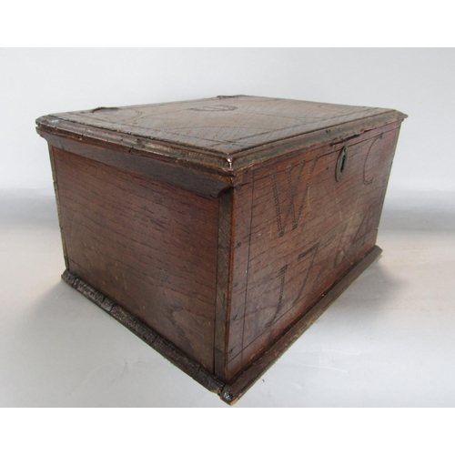 1628 - 18th century oak box with poker work detail, the top and front inscribed WC 1764, 29cm wide