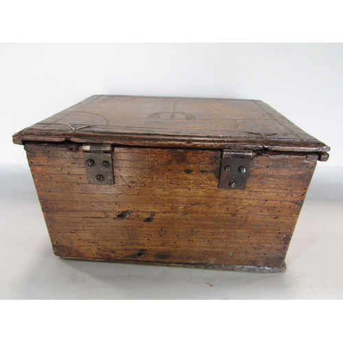 1628 - 18th century oak box with poker work detail, the top and front inscribed WC 1764, 29cm wide