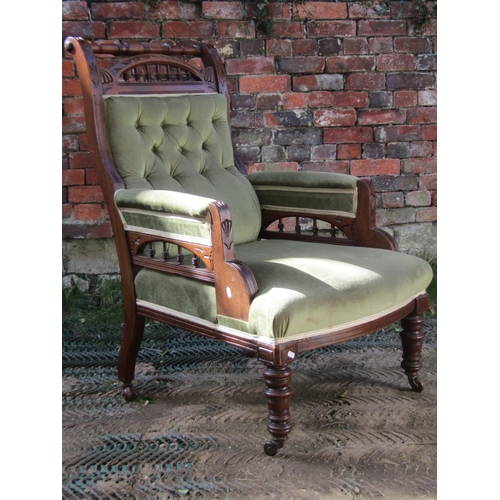 2256 - A late Victorian drawing room chair with green dralon upholstered seat, button back and arms within ... 