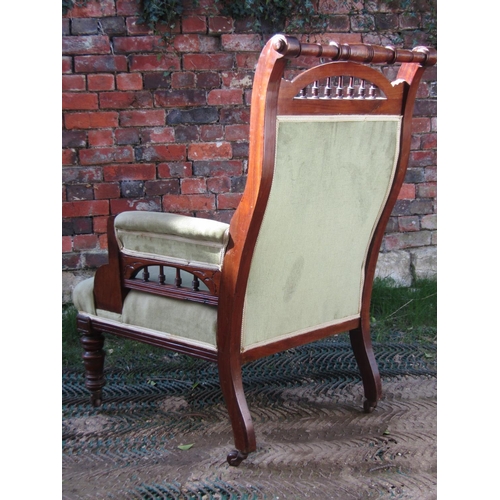 2256 - A late Victorian drawing room chair with green dralon upholstered seat, button back and arms within ... 